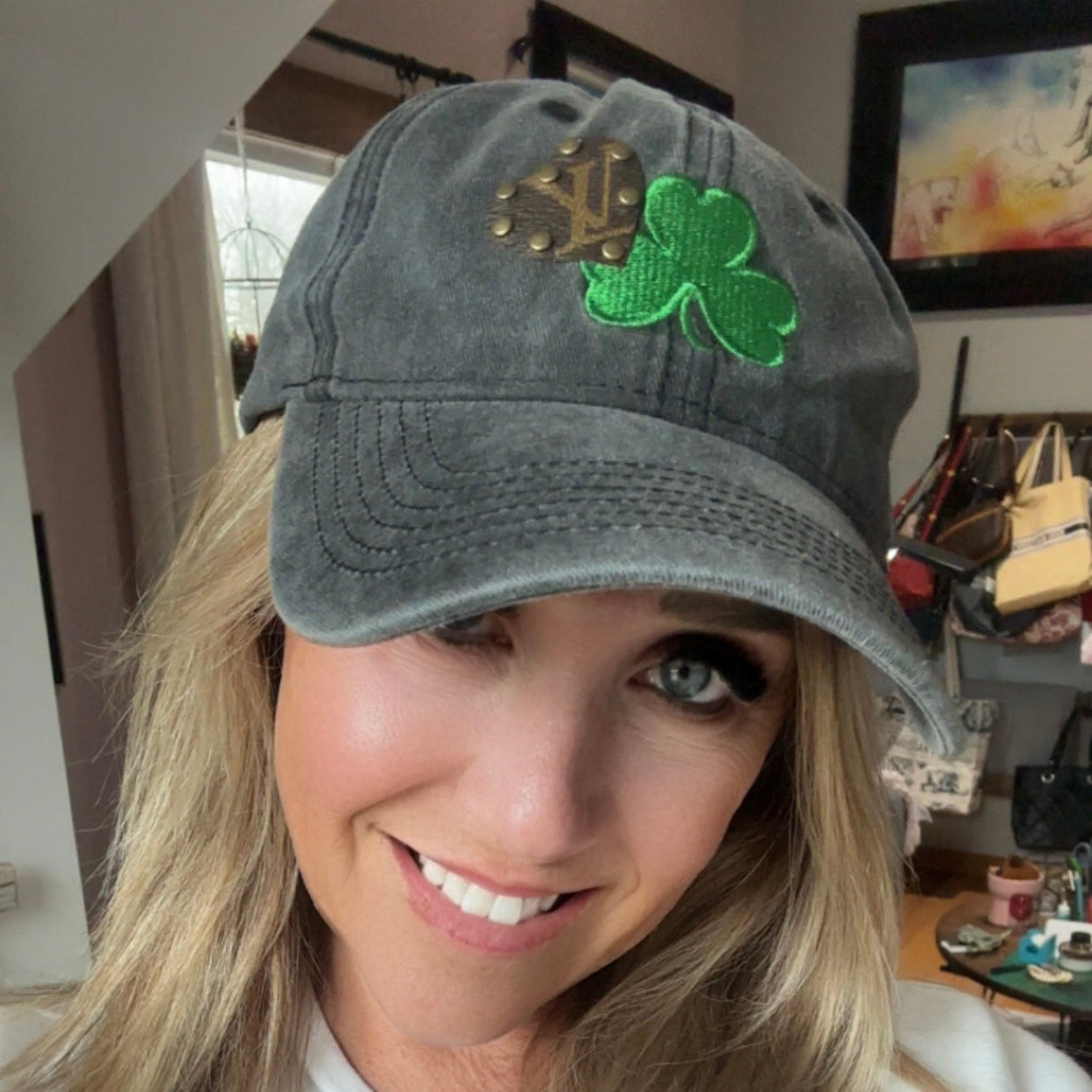 Upcycled LV Heart Patch on Black Washed Hat with Green Shamrock