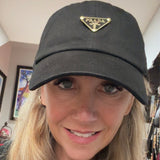Upcycled Black/Gold Prada Tag Hat in Black (non-distressed)