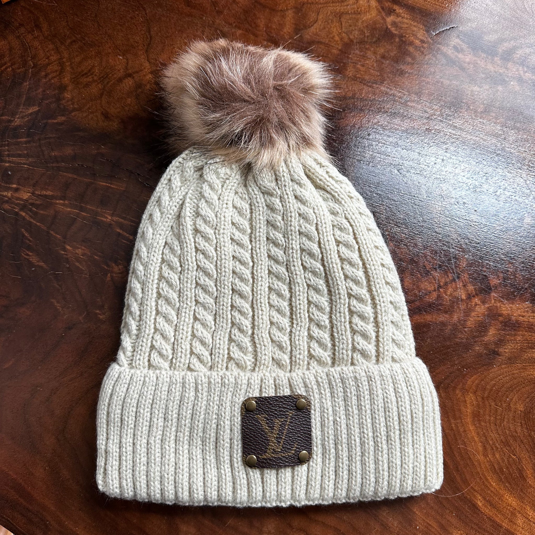 FLASH SALE!? Louis Vuitton Upcycled New Beanie With Leather LV Patch Baby Authentic Louis Vuitton Patch Beanie – LifeLivinGal main image 4