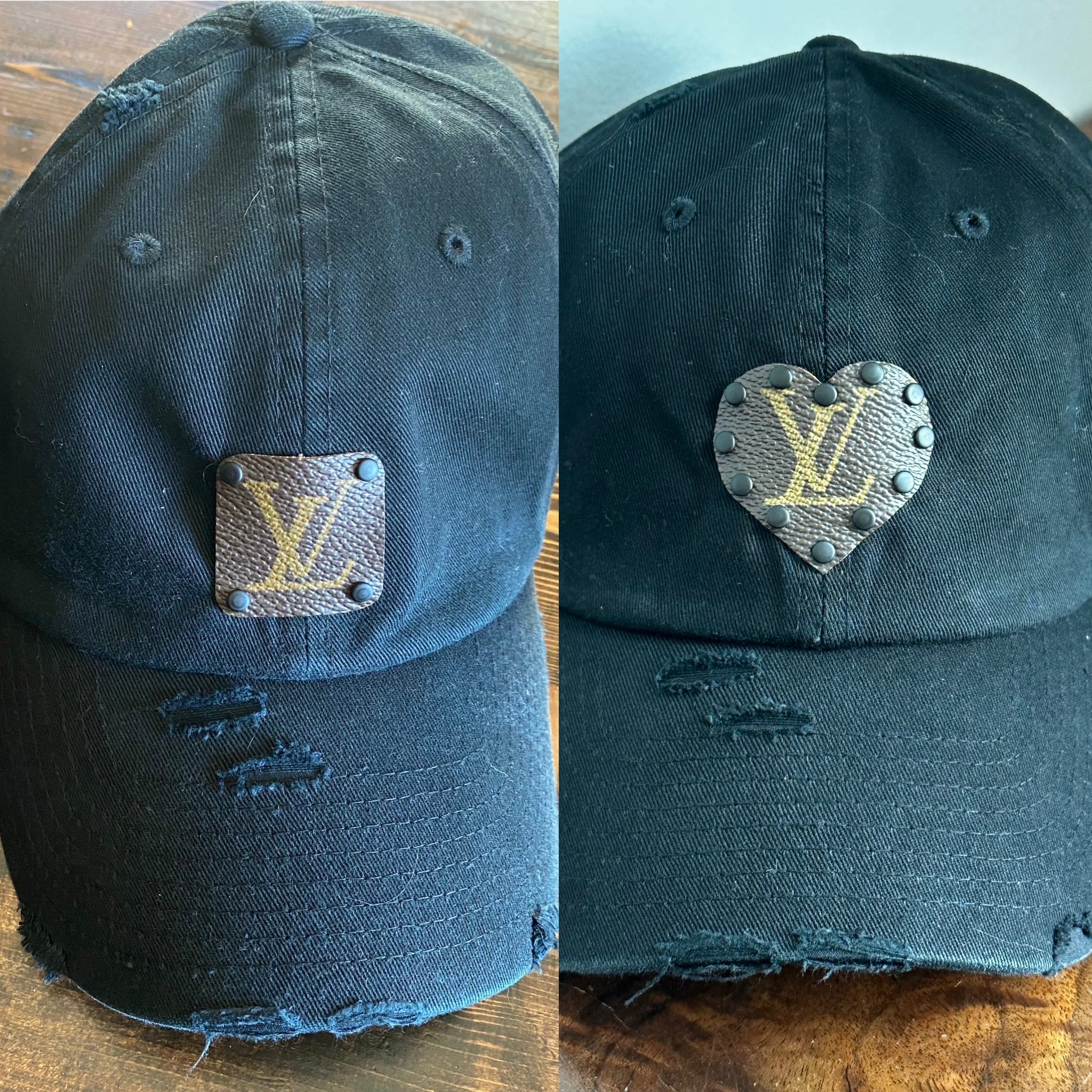 Upcycled LV Patch on Distressed Black Hat