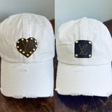 Upcycled LV Patch on Distressed White Hat