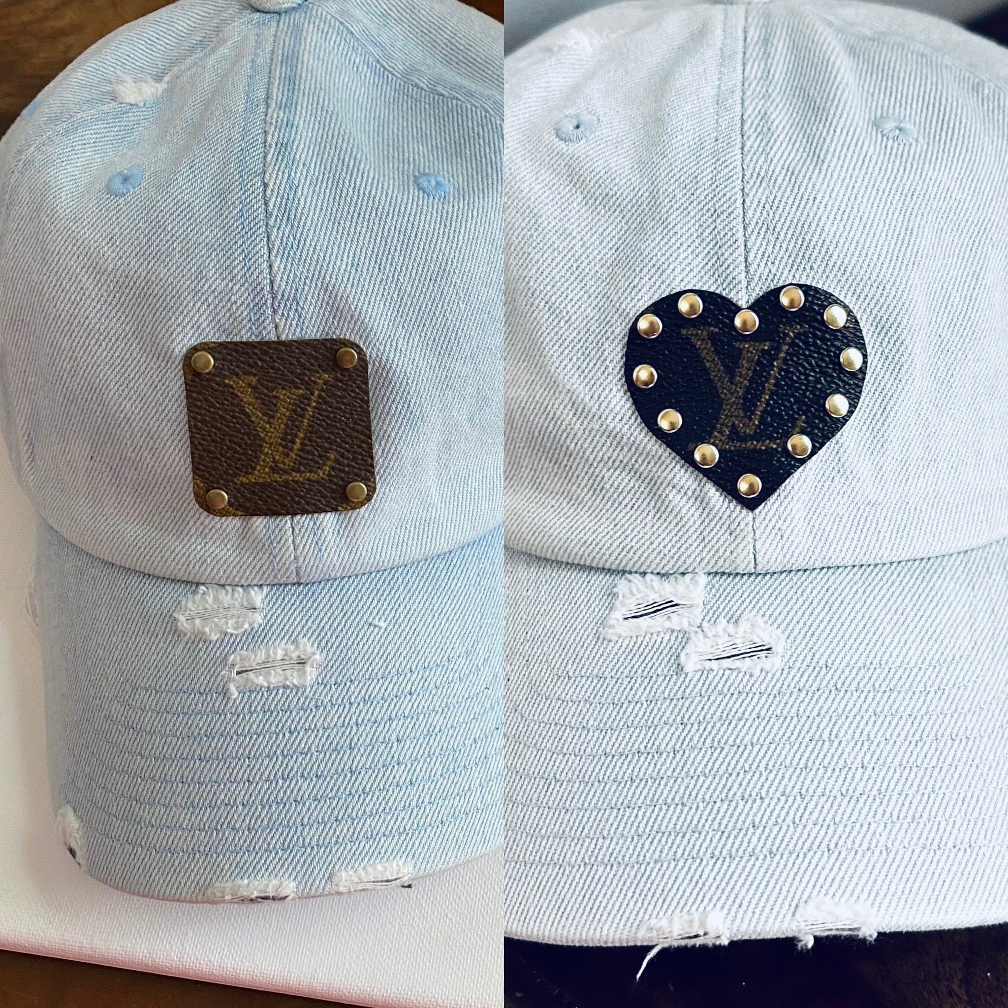Upcycled LV Patch on Distressed Light Denim Hat