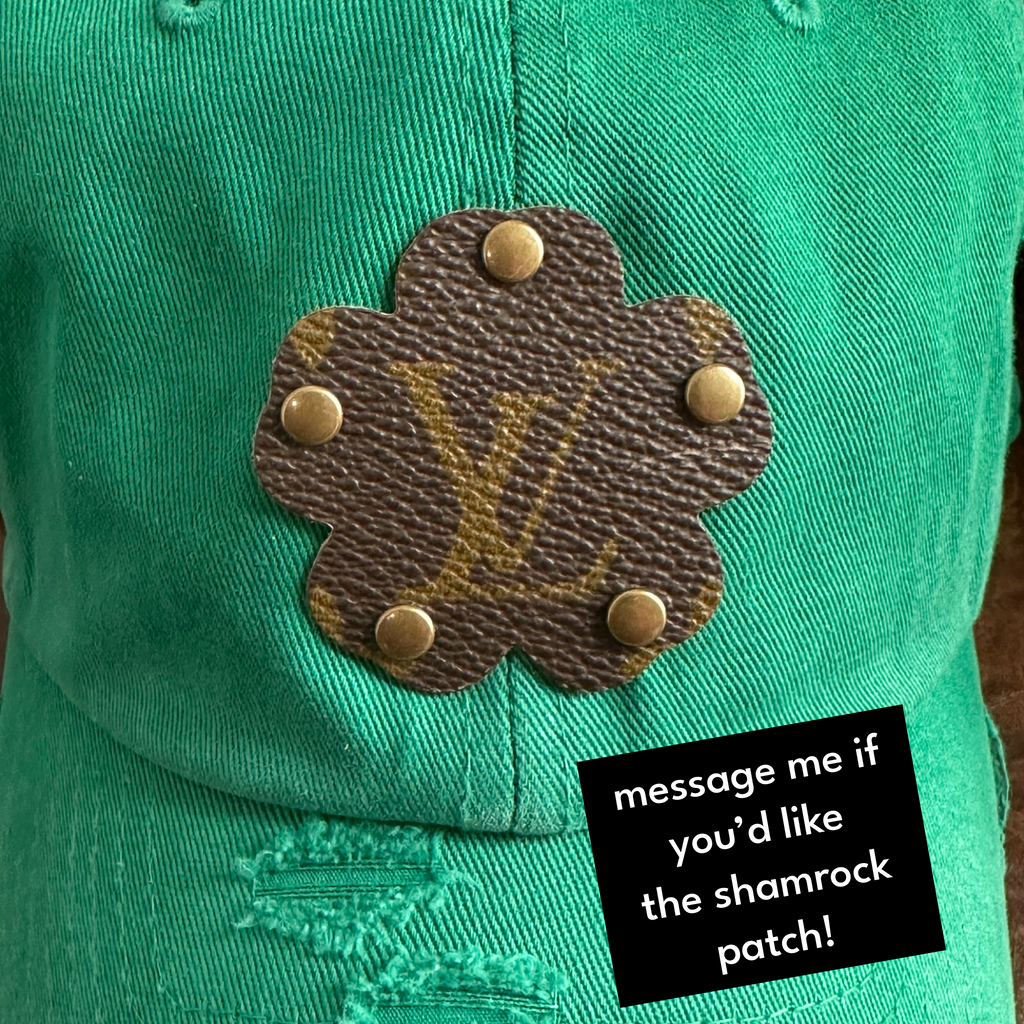 Upcycled LV Patch on Distressed Kelly Green Hat