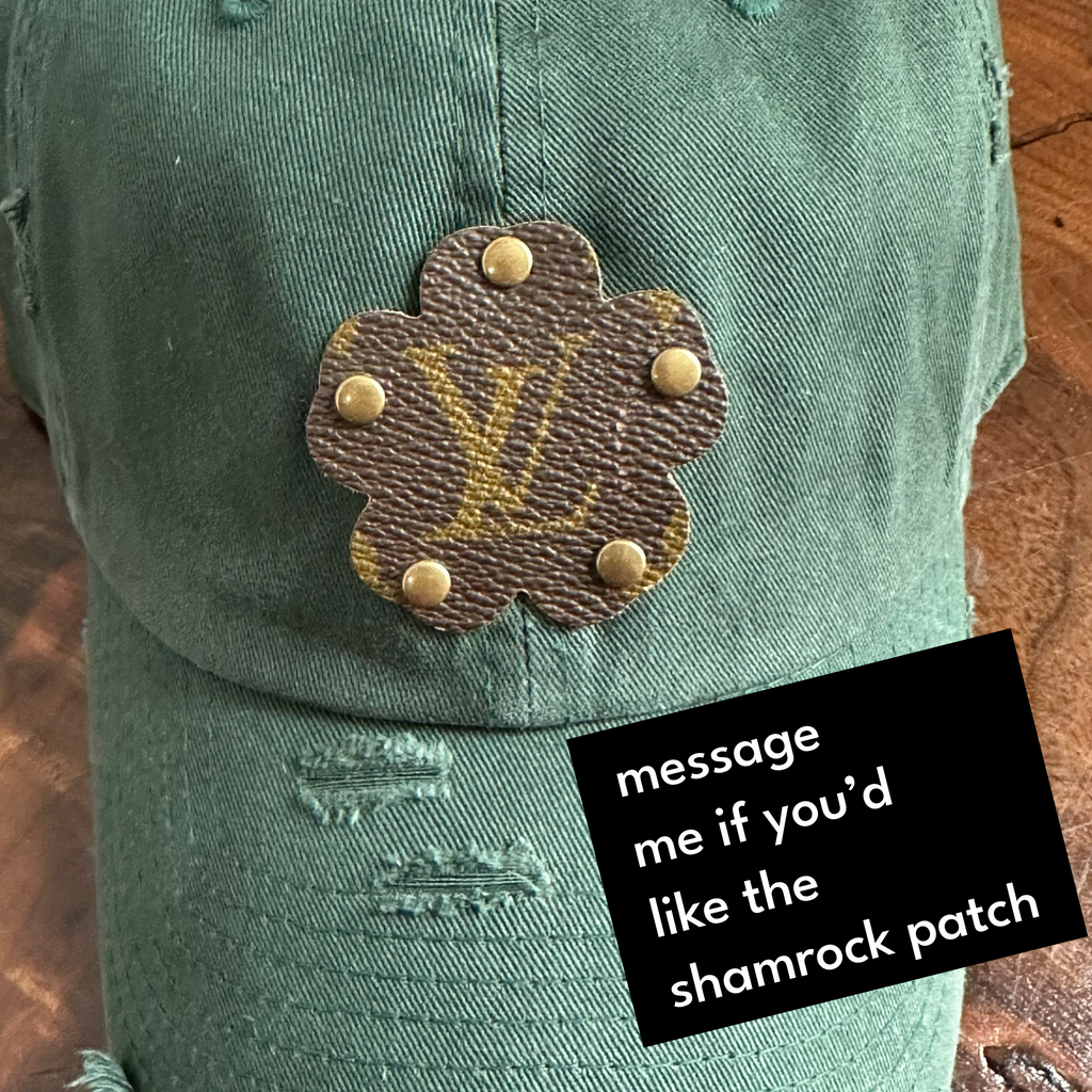 Upcycled LV Patch on Distressed Forest Green Hat