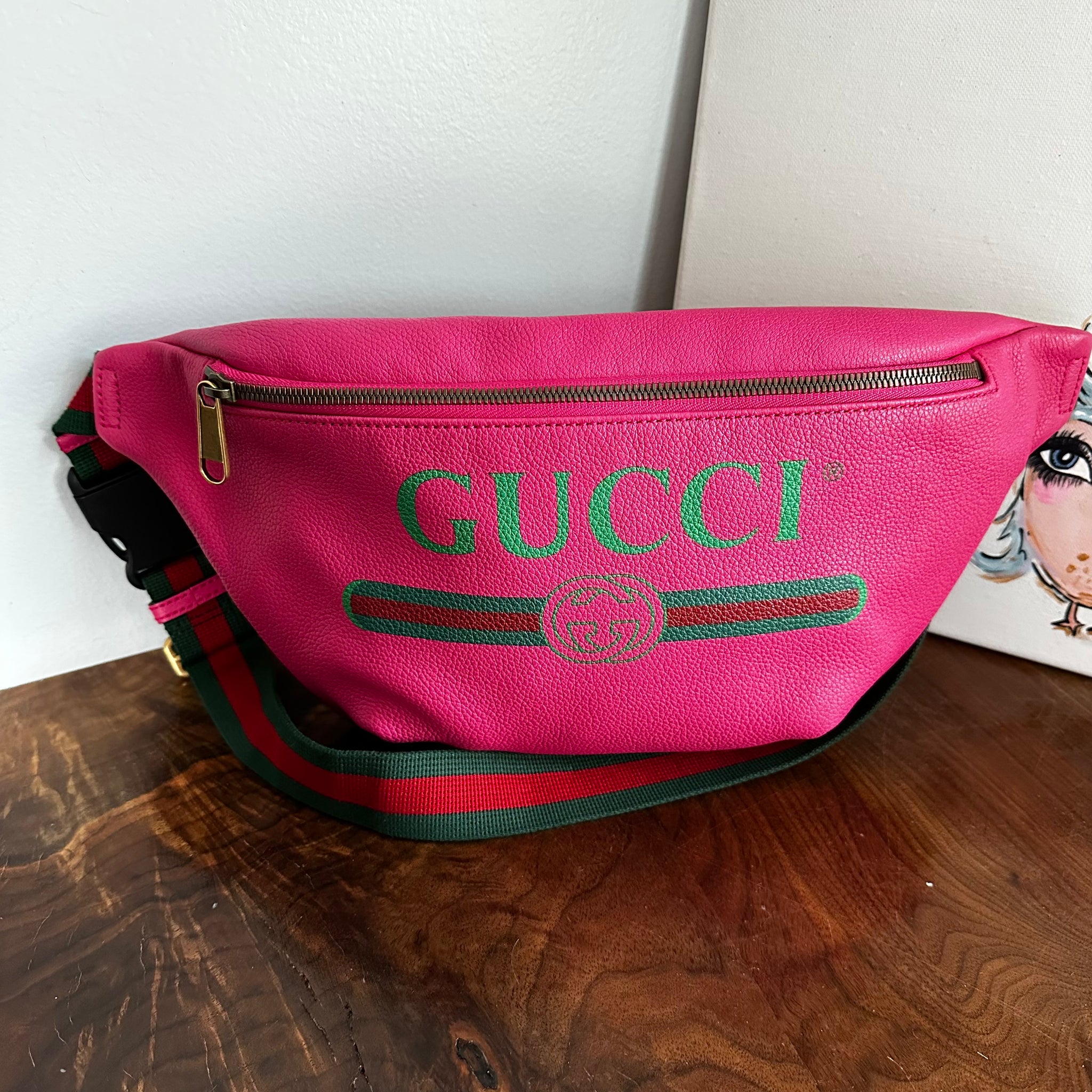 Gucci Sherry Line Pink Leather Sling Bag Fanny Pack Bumbag Beauty Bird Vintage