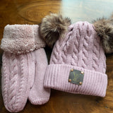 Adult Double Pom Beanie Hat with MITTENS - Fleece Lined - LV