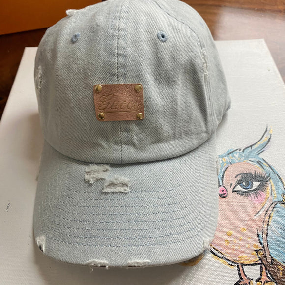 Light Denim Distressed Hat with Pink/Gold Gucci Patch