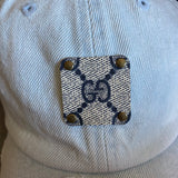 Upcycled GG Patch on Distressed Light Denim Hat