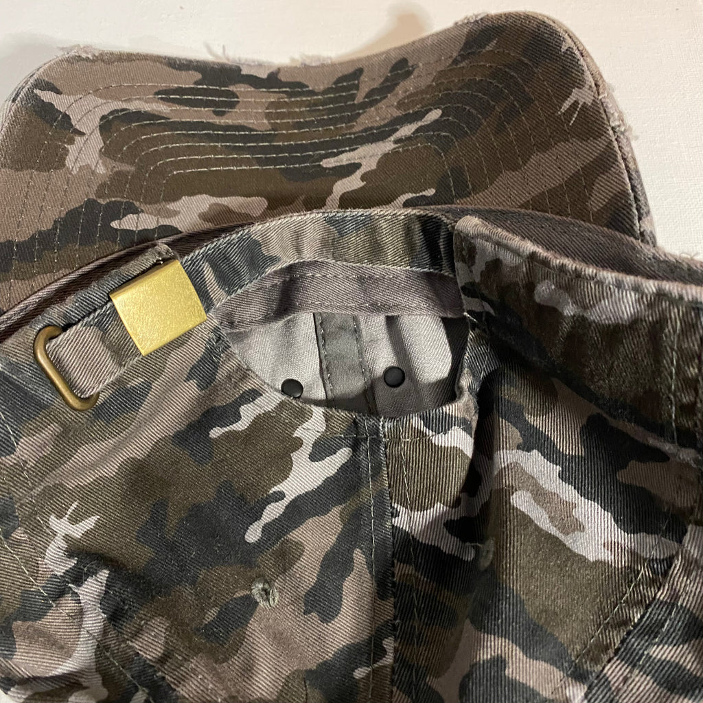 Upcycled LV Patch on Distressed Black Camo Hat