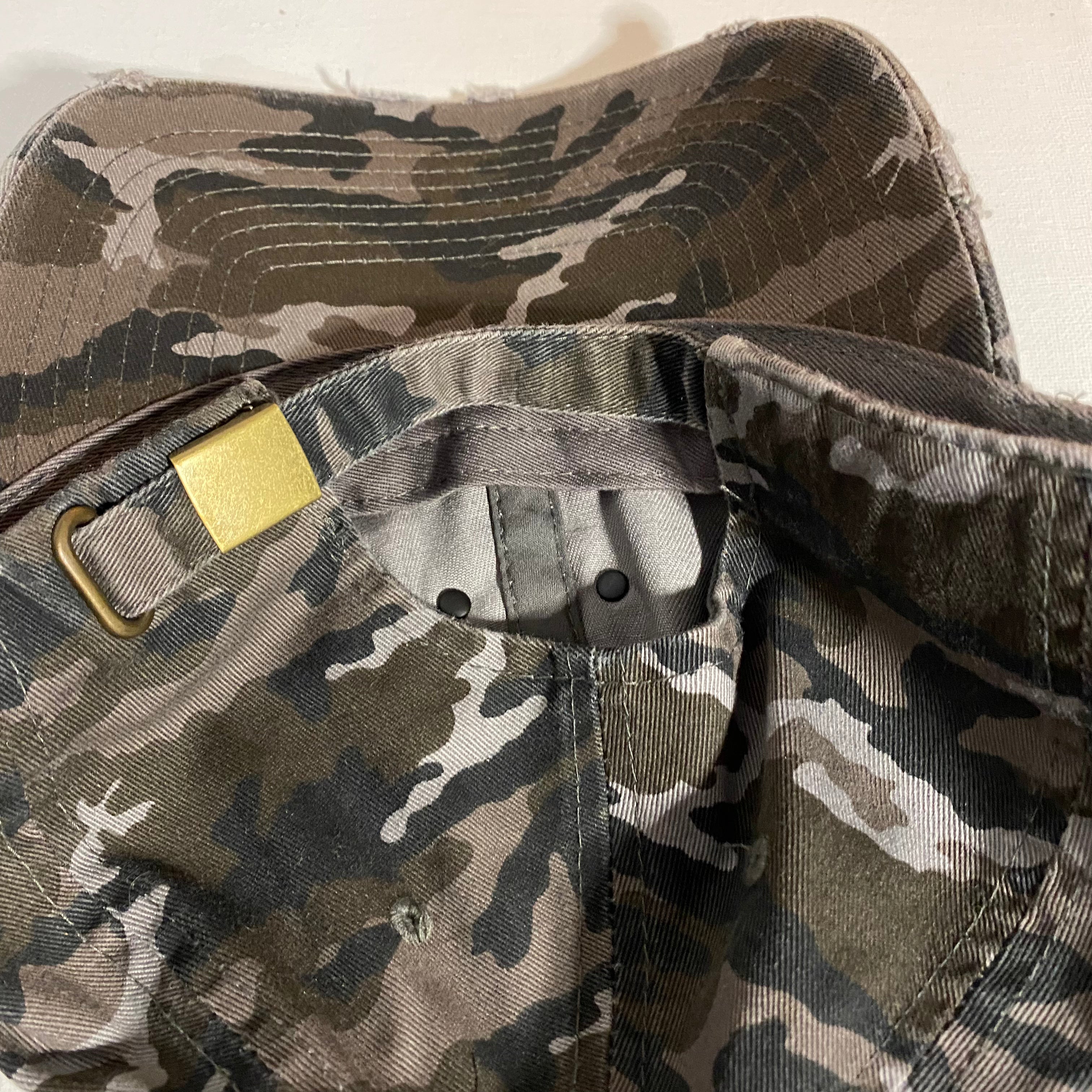 Upcycled LV Patch on Distressed Black Camo Hat