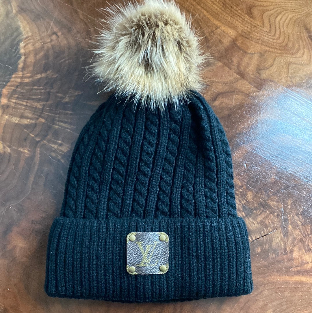 Pom-Pom Beanie Hat - Upcycled LV Patch in Monogram