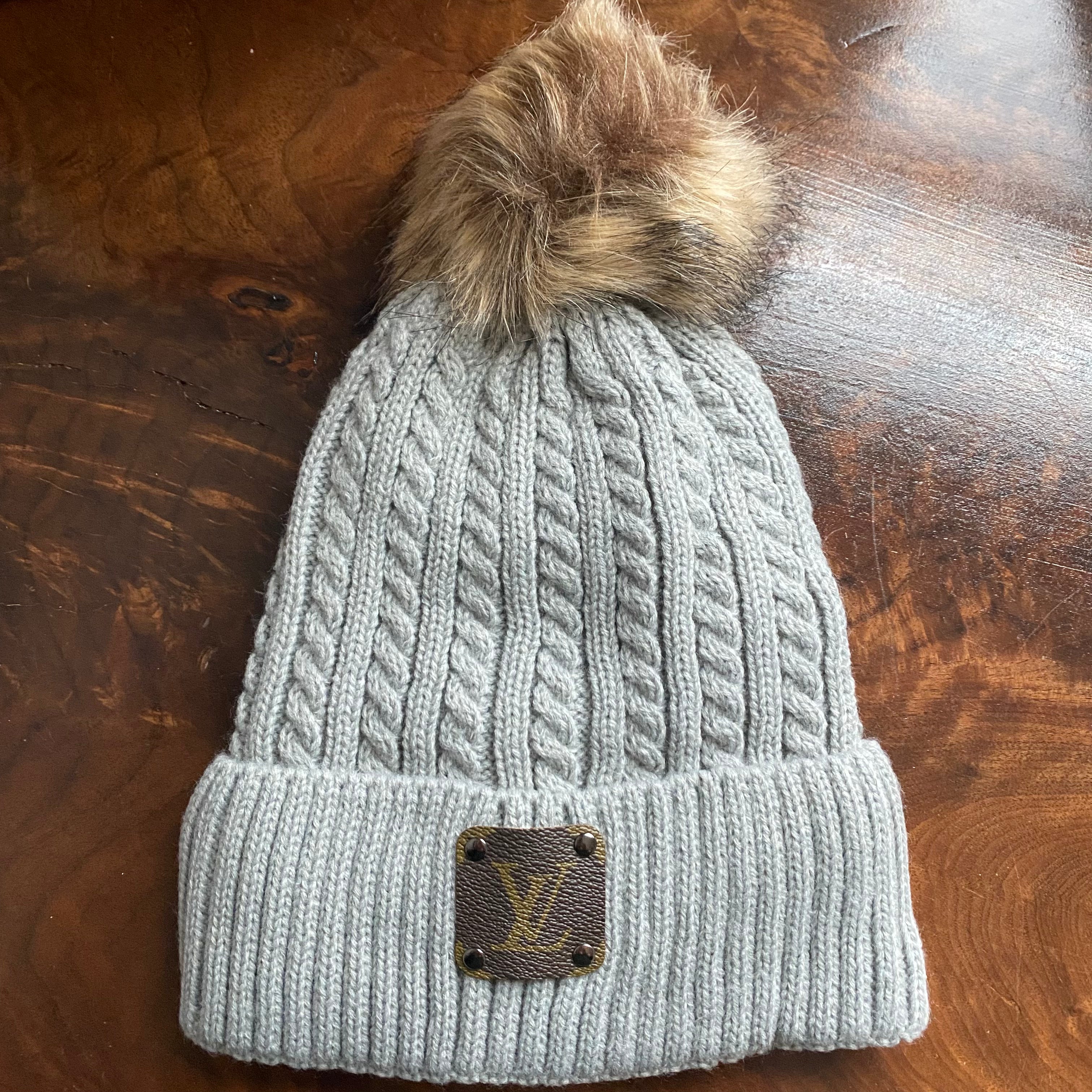 Pom-Pom Beanie Hat - Upcycled LV Patch in Monogram