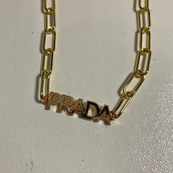 Prada Tag Necklace - Gold on Gold-Filled Paperclip Chain