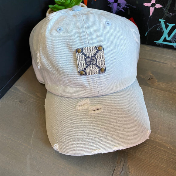 Upcycled GG Patch on Distressed Light Denim Hat