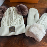 Adult Double Pom Beanie Hat with MITTENS - Fleece Lined - LV