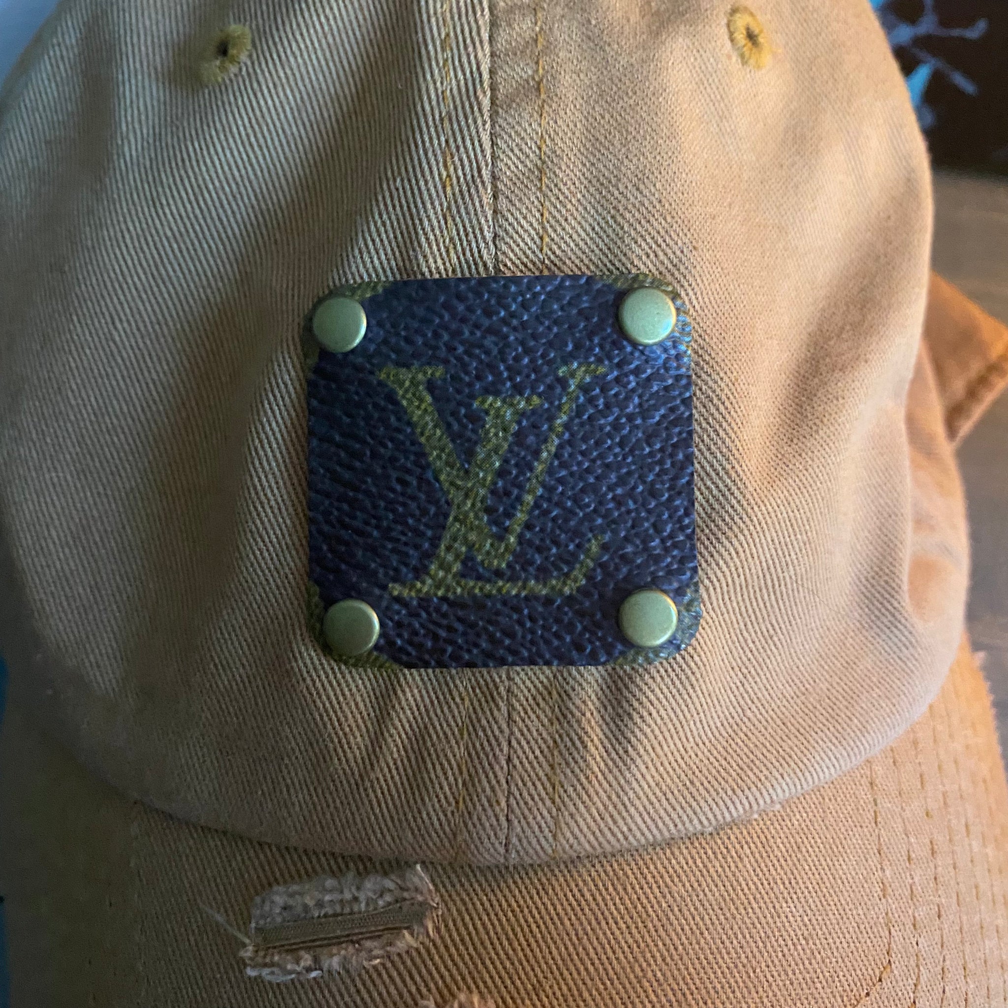 Upcycled LV Patch on Distressed Cognac Hat – Beauty Bird Vintage display picture 2