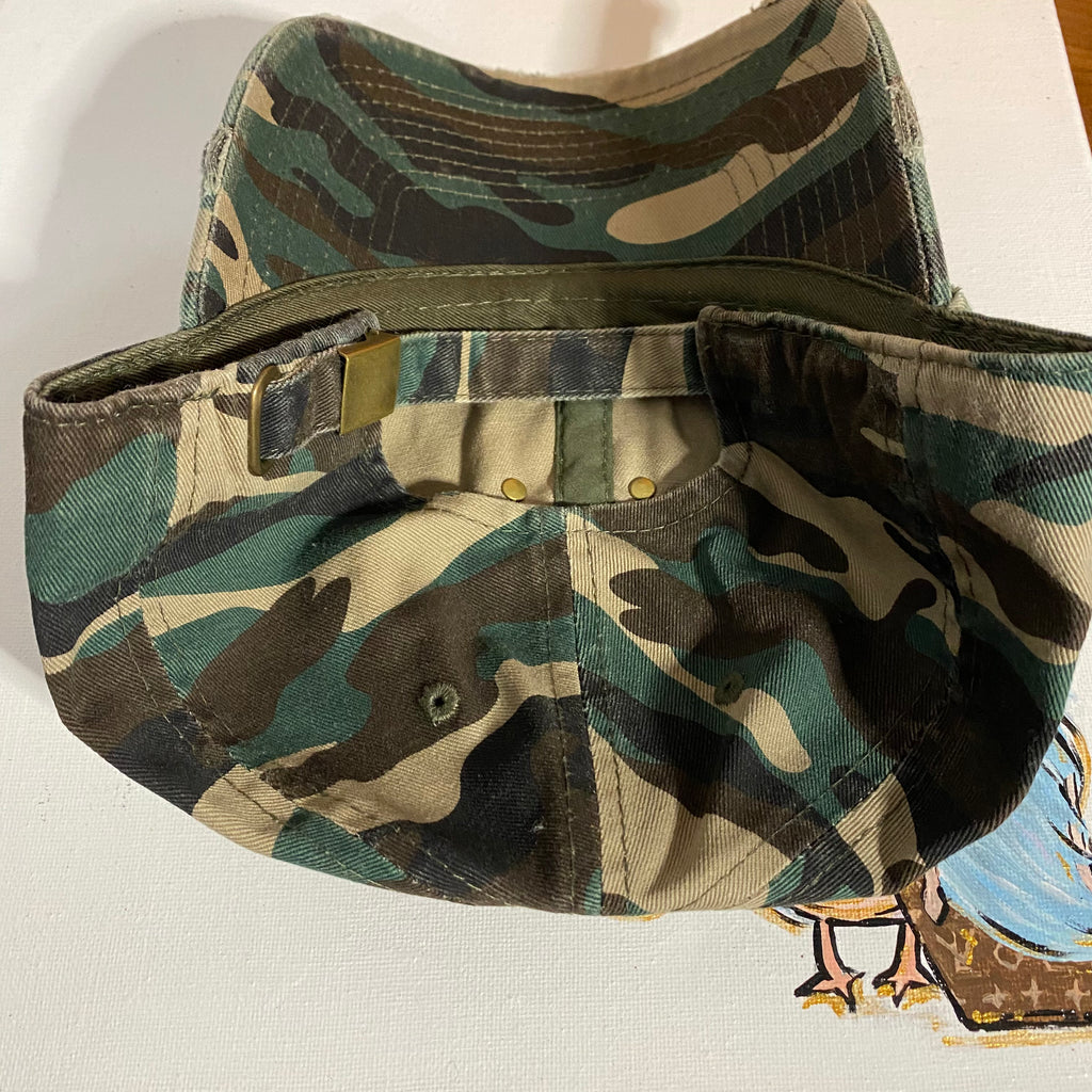 Upcycled LV Patch on Distressed Camo Hat