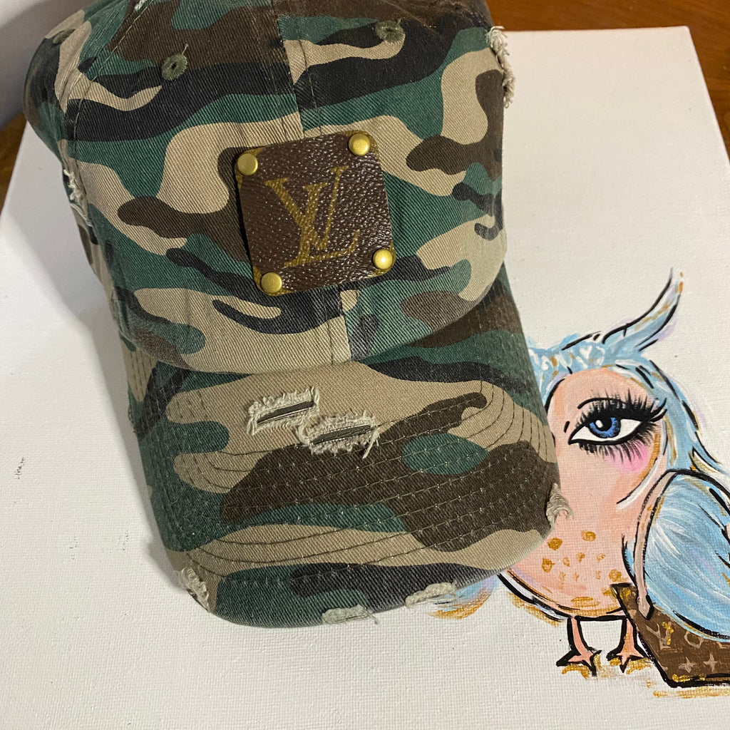 Upcycled LV Patch on Distressed Camo Hat