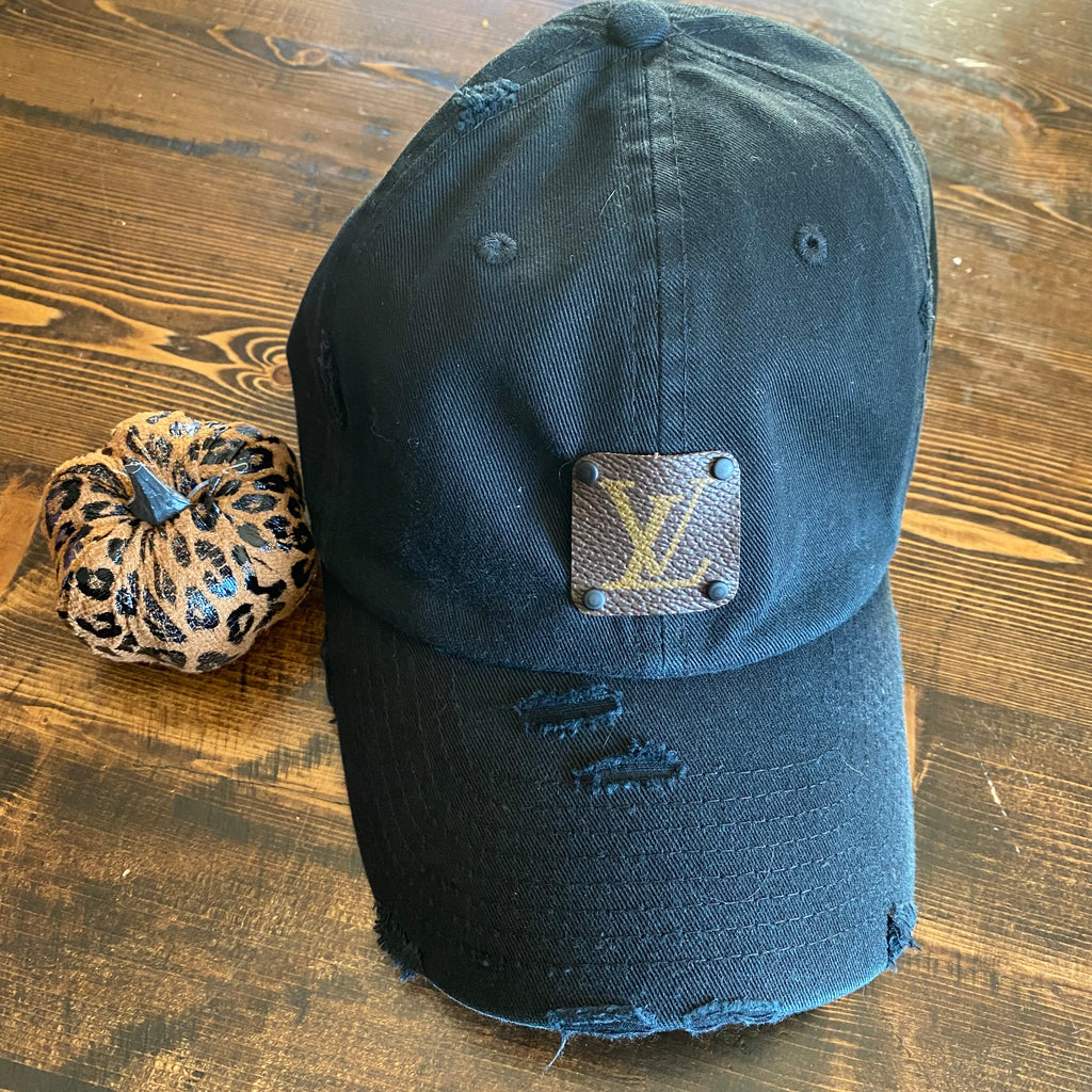Upcycled LV Patch on Distressed Black Hat