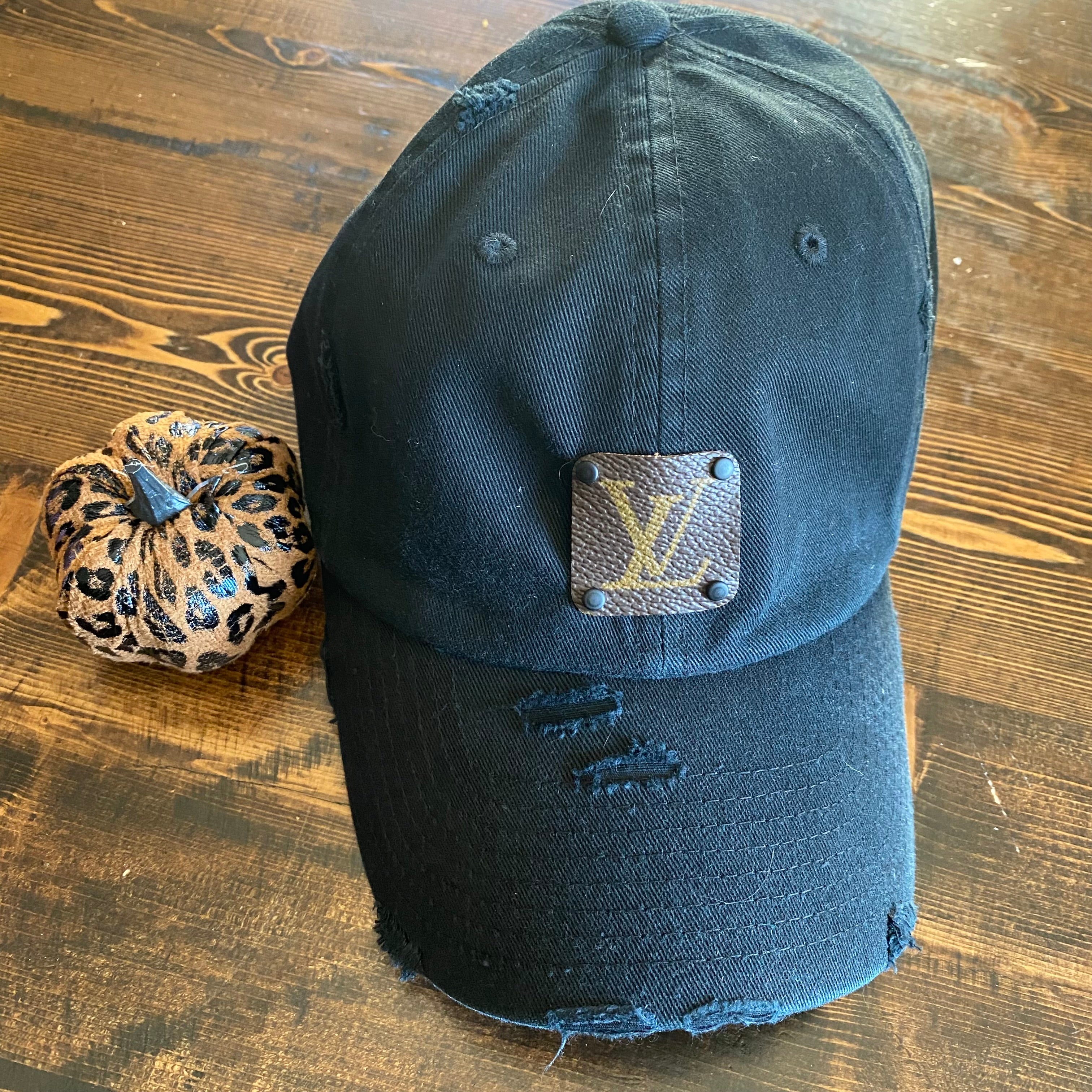 Upcycled LV Patch on Distressed Black Hat