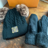 Adult Double Pom Beanie Hat with MITTENS - Fleece Lined - LV