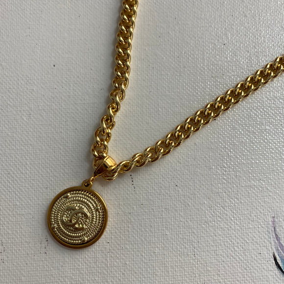 Gold Medallion CC Button Necklace
