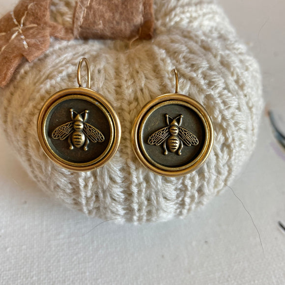 Antique Brass & Gold Gucci Bee Button Earrings