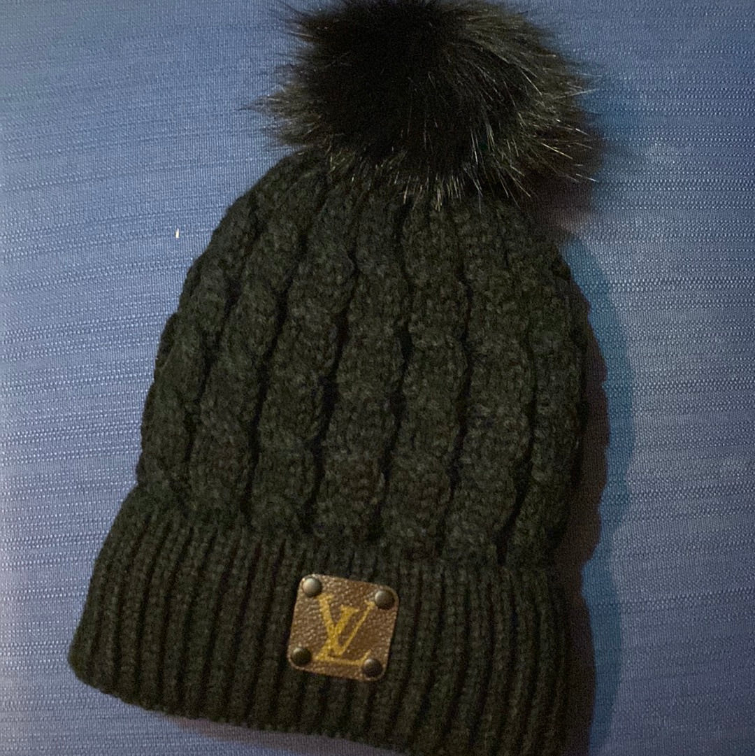 Pom-Pom Beanie Hat - Upcycled LV Patch in Monogram