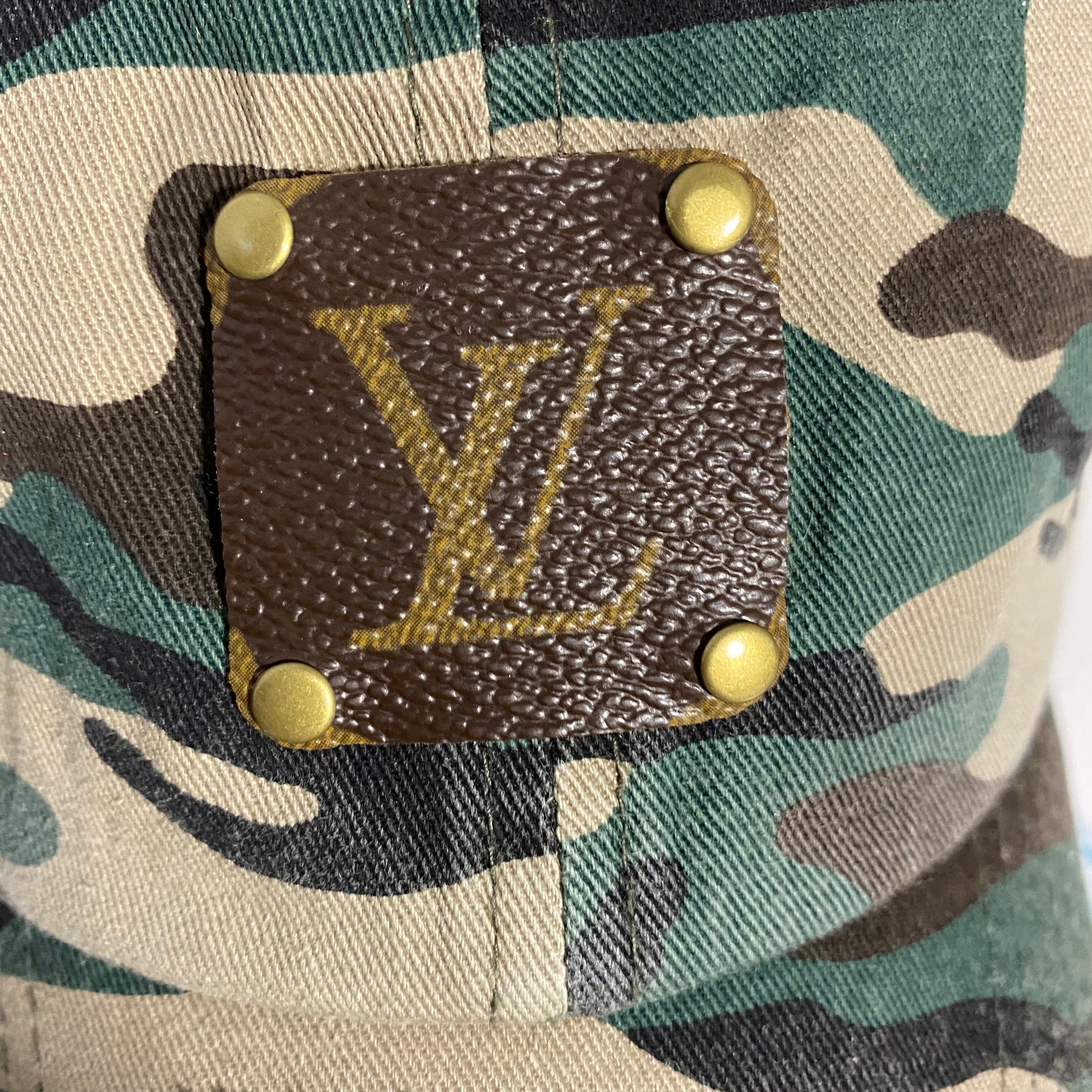 Upcycled LV Patch on Distressed Camo Hat
