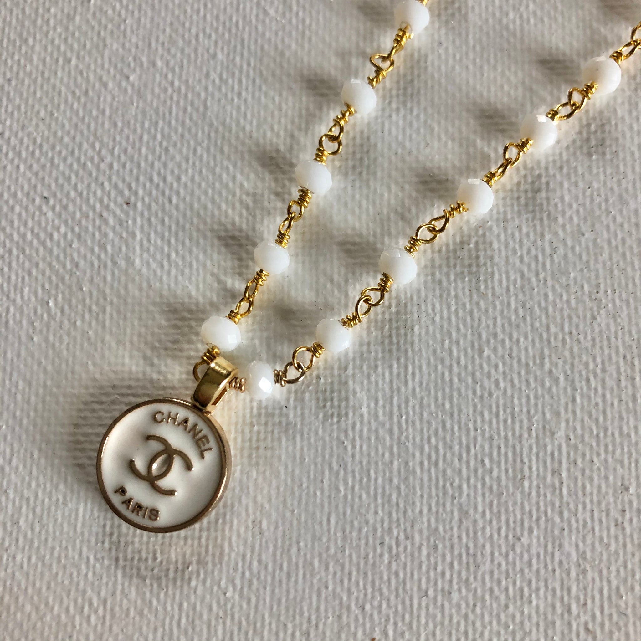 Tiny White CC Button Necklace - Gold/White Stone Chain – Beauty Bird Vintage