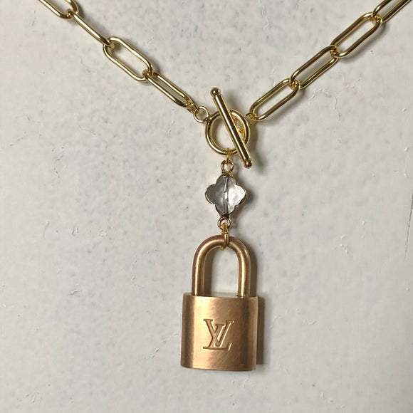Lock up My Heart Brass Padlock & Quatrefoil Crystal on Paperclip Chain