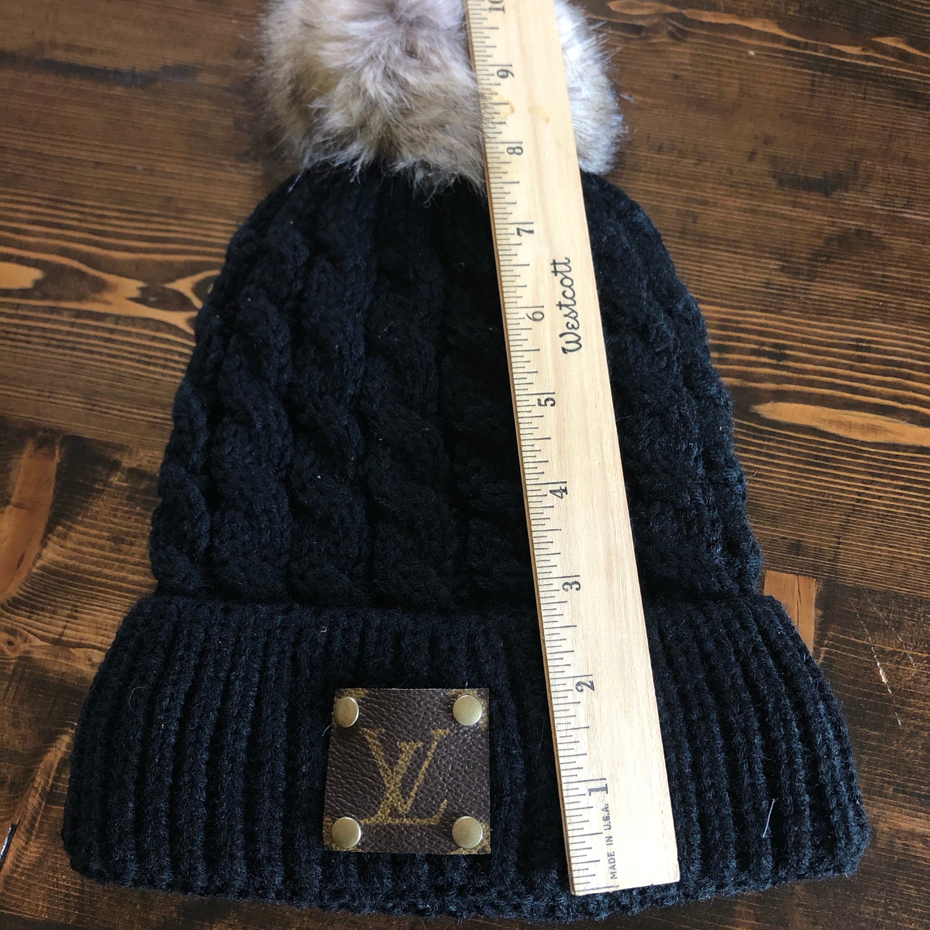 Pom-Pom Beanie Hat - Upcycled LV Patch in Monogram