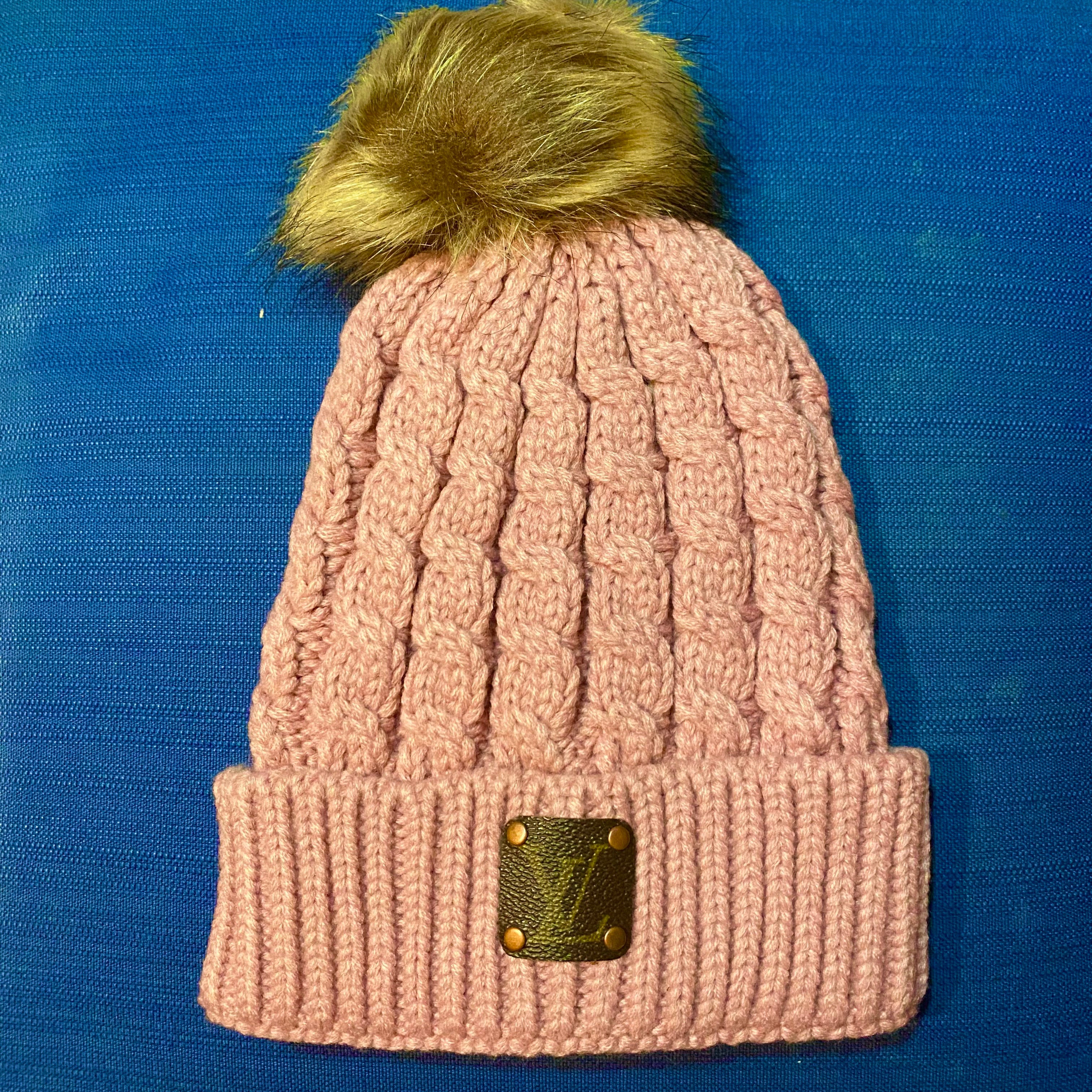 Pom-Pom Beanie Hat - Upcycled LV Patch in Monogram