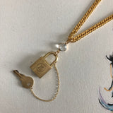 Key to My Heart Brass Padlock & Quatrefoil Crystal on Curb Chain