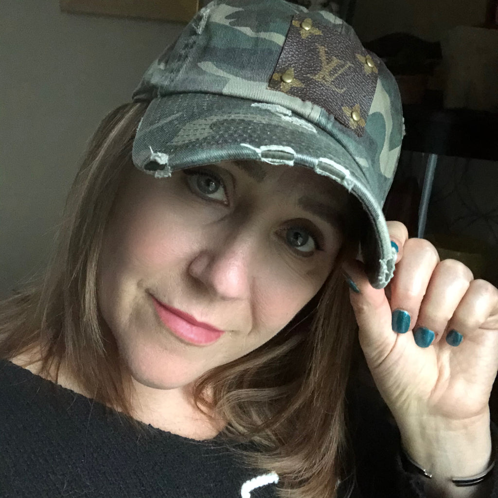 Upcycled LV Patch on Distressed Camo Hat