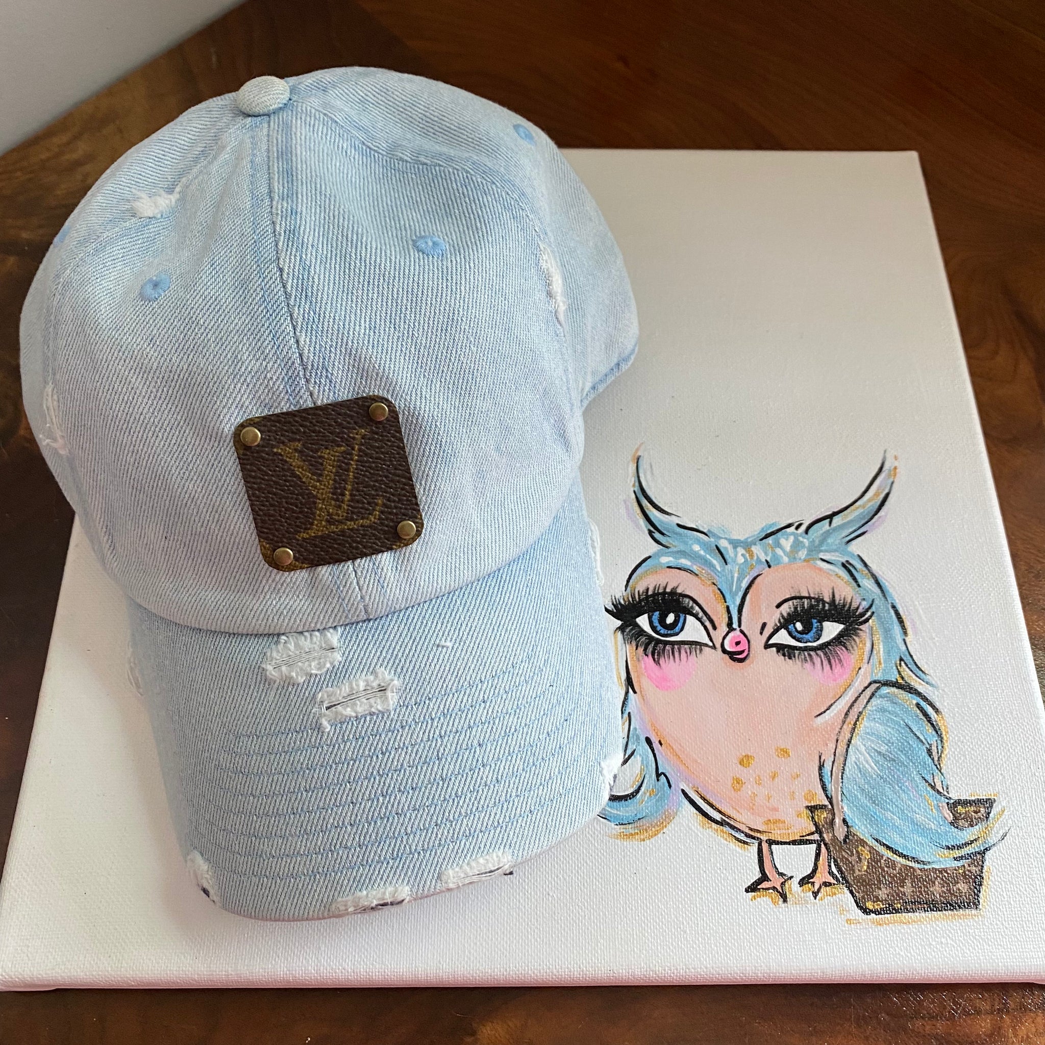 Upcycled LV Patch on Distressed Light Denim Hat – Beauty  display picture 1
