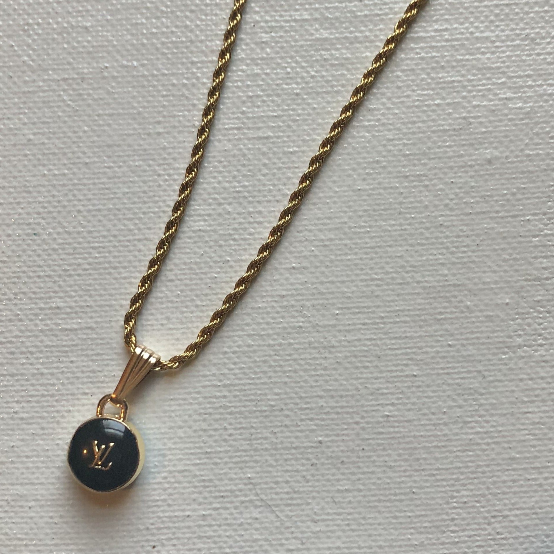 Black LV Button Necklace - Gold Filled Rope Chain